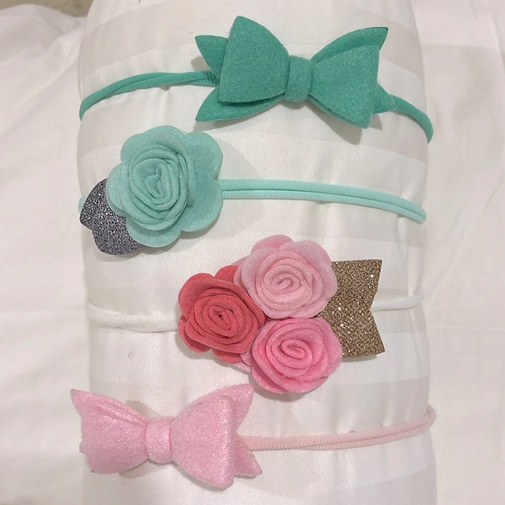SET OF 4 SOFT FELTED FLOWERS & BOWS + 1 BONUS FUCHSIA BOW SEQUINS HEADBANDS OSFM